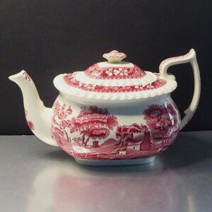 Antique Copeland Ceramic Teapot Spode Towers Pink White Transferware With Lid